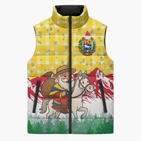 Venezuela Christmas Sleeveless Puffer Jacket with Santa on Horse Traditional Outfit Snowflakes and Yellow Plaid - Wonder Print Shop