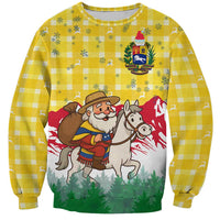 Venezuela Christmas Sweatshirt with Santa on Horse Traditional Outfit Snowflakes and Yellow Plaid - Wonder Print Shop