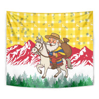 Venezuela Christmas Tapestry with Santa on Horse Traditional Outfit Snowflakes and Yellow Plaid - Wonder Print Shop