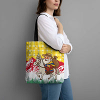 Venezuela Christmas Tote Bag with Santa on Horse Traditional Outfit Snowflakes and Yellow Plaid - Wonder Print Shop