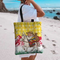 Venezuela Christmas Tote Bag with Santa on Horse Traditional Outfit Snowflakes and Yellow Plaid - Wonder Print Shop