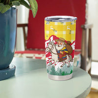 Venezuela Christmas Tumbler Cup with Santa on Horse Traditional Outfit Snowflakes and Yellow Plaid - Wonder Print Shop