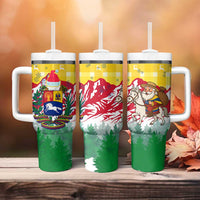 Venezuela Christmas Tumbler With Handle with Santa on Horse Traditional Outfit Snowflakes and Yellow Plaid - Wonder Print Shop