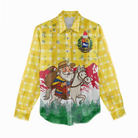 Venezuela Christmas Women Casual Shirt with Santa on Horse Traditional Outfit Snowflakes and Yellow Plaid - Wonder Print Shop