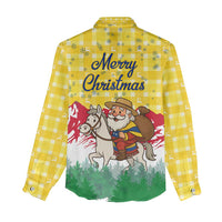 Venezuela Christmas Women Casual Shirt with Santa on Horse Traditional Outfit Snowflakes and Yellow Plaid - Wonder Print Shop