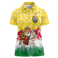 Venezuela Christmas Women Polo Shirt with Santa on Horse Traditional Outfit Snowflakes and Yellow Plaid - Wonder Print Shop
