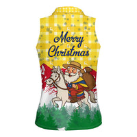 Venezuela Christmas Women Sleeveless Polo Shirt with Santa on Horse Traditional Outfit Snowflakes and Yellow Plaid - Wonder Print Shop