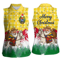 Venezuela Christmas Women Sleeveless Polo Shirt with Santa on Horse Traditional Outfit Snowflakes and Yellow Plaid - Wonder Print Shop