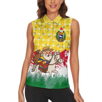 Venezuela Christmas Women Sleeveless Polo Shirt with Santa on Horse Traditional Outfit Snowflakes and Yellow Plaid - Wonder Print Shop