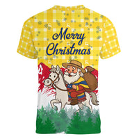 Venezuela Christmas Women V-Neck T-Shirt with Santa on Horse Traditional Outfit Snowflakes and Yellow Plaid - Wonder Print Shop