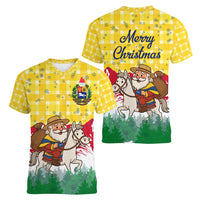 Venezuela Christmas Women V-Neck T-Shirt with Santa on Horse Traditional Outfit Snowflakes and Yellow Plaid - Wonder Print Shop