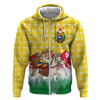Venezuela Christmas Zip Hoodie with Santa on Horse Traditional Outfit Snowflakes and Yellow Plaid - Wonder Print Shop