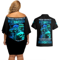 Tread Carefully Skull Couples Matching Off Shoulder Short Dress and Hawaiian Shirt - Wonder Print Shop