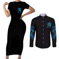 Tread Carefully Skull Couples Matching Short Sleeve Bodycon Dress and Long Sleeve Button Shirt - Wonder Print Shop