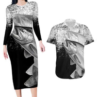Custom Black and White King Salmon Fishing Couples Matching Long Sleeve Bodycon Dress and Hawaiian Shirt with Trout Fish Design Black and White Grunge Style - Wonder Print Shop