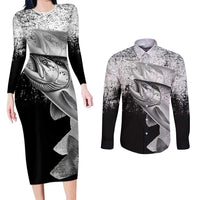 Custom Black and White King Salmon Fishing Couples Matching Long Sleeve Bodycon Dress and Long Sleeve Button Shirt with Trout Fish Design Black and White Grunge Style - Wonder Print Shop