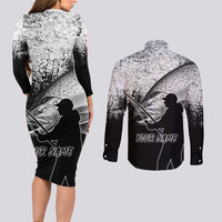 Custom Black and White King Salmon Fishing Couples Matching Long Sleeve Bodycon Dress and Long Sleeve Button Shirt with Trout Fish Design Black and White Grunge Style - Wonder Print Shop