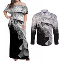Custom Black and White King Salmon Fishing Couples Matching Off Shoulder Maxi Dress and Long Sleeve Button Shirt with Trout Fish Design Black and White Grunge Style - Wonder Print Shop