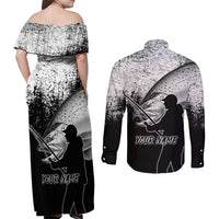 Custom Black and White King Salmon Fishing Couples Matching Off Shoulder Maxi Dress and Long Sleeve Button Shirt with Trout Fish Design Black and White Grunge Style - Wonder Print Shop