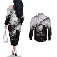 Custom Black and White King Salmon Fishing Couples Matching Off The Shoulder Long Sleeve Dress and Long Sleeve Button Shirt with Trout Fish Design Black and White Grunge Style - Wonder Print Shop
