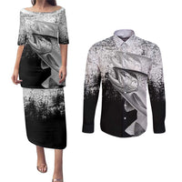 Custom Black and White King Salmon Fishing Couples Matching Puletasi and Long Sleeve Button Shirt with Trout Fish Design Black and White Grunge Style - Wonder Print Shop