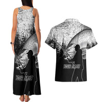 Custom Black and White King Salmon Fishing Couples Matching Tank Maxi Dress and Hawaiian Shirt with Trout Fish Design Black and White Grunge Style - Wonder Print Shop
