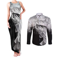 Custom Black and White King Salmon Fishing Couples Matching Tank Maxi Dress and Long Sleeve Button Shirt with Trout Fish Design Black and White Grunge Style - Wonder Print Shop