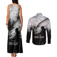 Custom Black and White King Salmon Fishing Couples Matching Tank Maxi Dress and Long Sleeve Button Shirt with Trout Fish Design Black and White Grunge Style - Wonder Print Shop