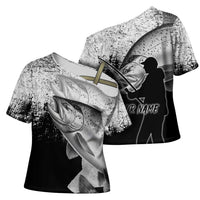 Custom Black and White King Salmon Fishing Cross Shoulder Shirt with Trout Fish Design Black and White Grunge Style - Wonder Print Shop