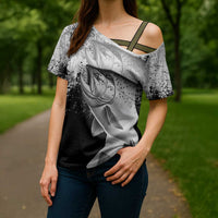 Custom Black and White King Salmon Fishing Cross Shoulder Shirt with Trout Fish Design Black and White Grunge Style - Wonder Print Shop