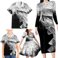 Custom Black and White King Salmon Fishing Family Matching Long Sleeve Bodycon Dress and Hawaiian Shirt with Trout Fish Design Black and White Grunge Style - Wonder Print Shop