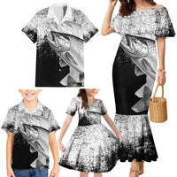 Custom Black and White King Salmon Fishing Family Matching Mermaid Dress and Hawaiian Shirt with Trout Fish Design Black and White Grunge Style - Wonder Print Shop