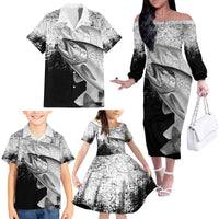 Custom Black and White King Salmon Fishing Family Matching Off The Shoulder Long Sleeve Dress and Hawaiian Shirt with Trout Fish Design Black and White Grunge Style - Wonder Print Shop