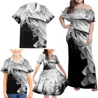 Custom Black and White King Salmon Fishing Family Matching Off Shoulder Maxi Dress and Hawaiian Shirt with Trout Fish Design Black and White Grunge Style - Wonder Print Shop
