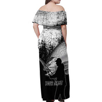 Custom Black and White King Salmon Fishing Family Matching Off Shoulder Maxi Dress and Hawaiian Shirt with Trout Fish Design Black and White Grunge Style - Wonder Print Shop