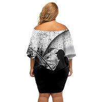 Custom Black and White King Salmon Fishing Family Matching Off Shoulder Short Dress and Hawaiian Shirt with Trout Fish Design Black and White Grunge Style - Wonder Print Shop