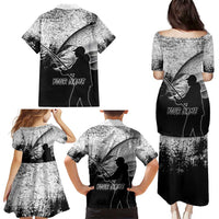 Custom Black and White King Salmon Fishing Family Matching Puletasi and Hawaiian Shirt with Trout Fish Design Black and White Grunge Style - Wonder Print Shop