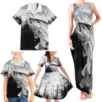 Custom Black and White King Salmon Fishing Family Matching Tank Maxi Dress and Hawaiian Shirt with Trout Fish Design Black and White Grunge Style - Wonder Print Shop