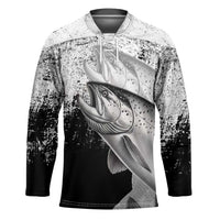 Custom Black and White King Salmon Fishing Hockey Jersey with Trout Fish Design Black and White Grunge Style - Wonder Print Shop