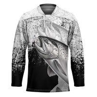 Custom Black and White King Salmon Fishing Hockey Jersey with Trout Fish Design Black and White Grunge Style - Wonder Print Shop