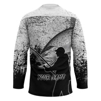 Custom Black and White King Salmon Fishing Hockey Jersey with Trout Fish Design Black and White Grunge Style - Wonder Print Shop