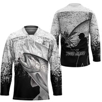 Custom Black and White King Salmon Fishing Hockey Jersey with Trout Fish Design Black and White Grunge Style - Wonder Print Shop