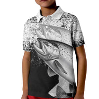 Custom Black and White King Salmon Fishing Kid Polo Shirt with Trout Fish Design Black and White Grunge Style - Wonder Print Shop