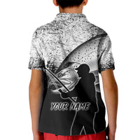 Custom Black and White King Salmon Fishing Kid Polo Shirt with Trout Fish Design Black and White Grunge Style - Wonder Print Shop