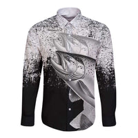 Custom Black and White King Salmon Fishing Long Sleeve Button Shirt with Trout Fish Design Black and White Grunge Style - Wonder Print Shop