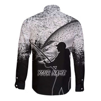 Custom Black and White King Salmon Fishing Long Sleeve Button Shirt with Trout Fish Design Black and White Grunge Style - Wonder Print Shop