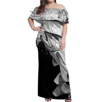 Custom Black and White King Salmon Fishing Off Shoulder Maxi Dress with Trout Fish Design Black and White Grunge Style - Wonder Print Shop