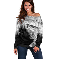 Custom Black and White King Salmon Fishing Off Shoulder Sweater with Trout Fish Design Black and White Grunge Style - Wonder Print Shop