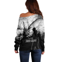 Custom Black and White King Salmon Fishing Off Shoulder Sweater with Trout Fish Design Black and White Grunge Style - Wonder Print Shop