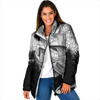 Custom Black and White King Salmon Fishing Padded Jacket with Trout Fish Design Black and White Grunge Style - Wonder Print Shop